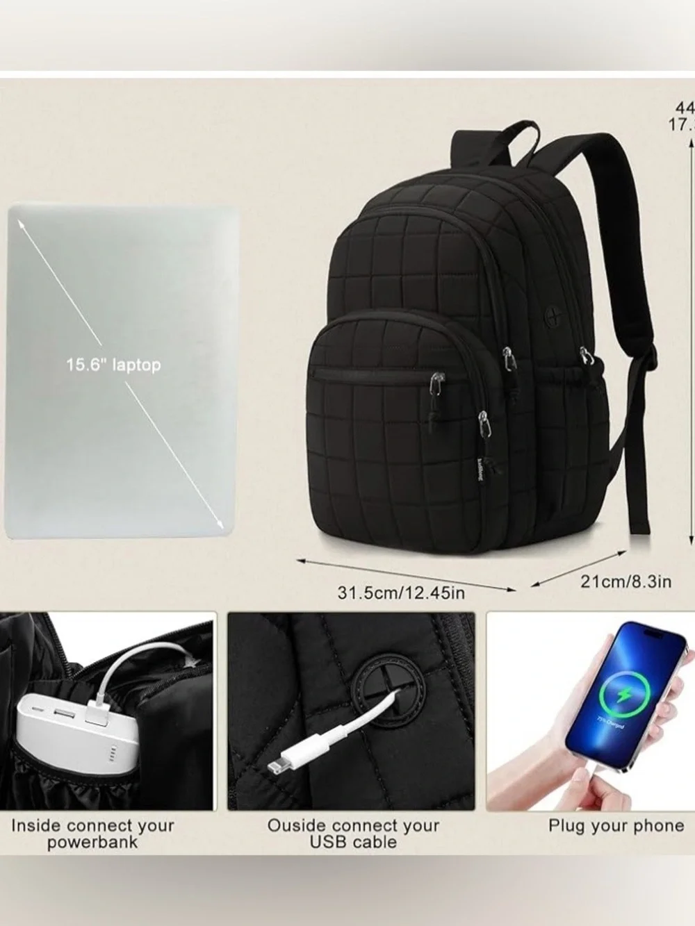 kadilong Laptop Book bag Backpack‎ for College or Travel, Black Quilt, USB Ready